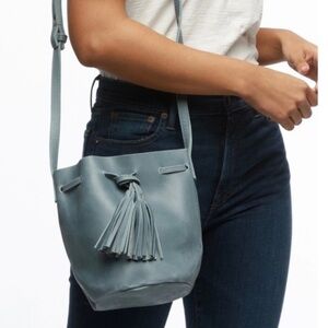 Able Smokey Blue Leather Bucket Drawstring Purse Bag Crossbody Shoulder Bag